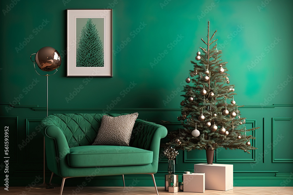 Modern living room with Christmas decorations and an empty green wall. Classic interior design mocku