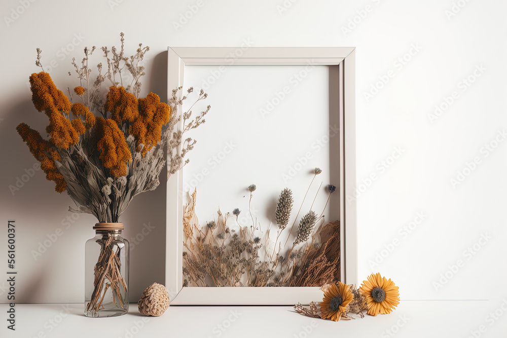 On a white background with copy space, a picture frame and a bouquet of dried flowers are seen. Gene