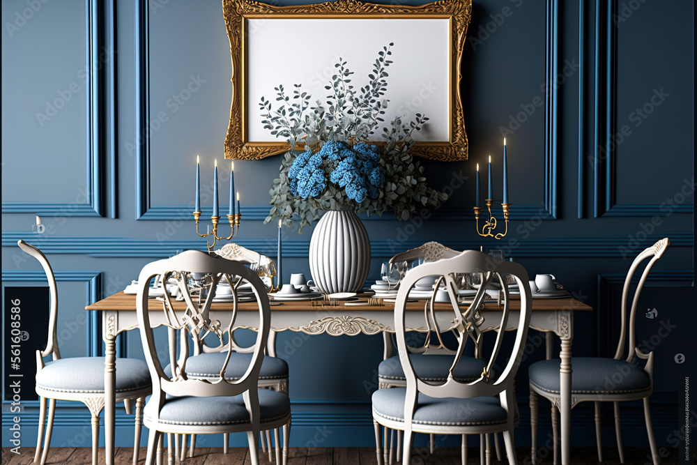 Classic vintage dining room in white and blue tones. Wooden table with chairs, parquet and frame moc