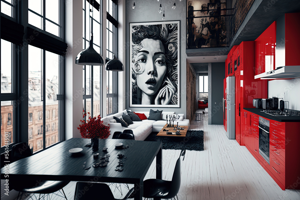 Loft Apartment with Red, Black, and White. Generative AI