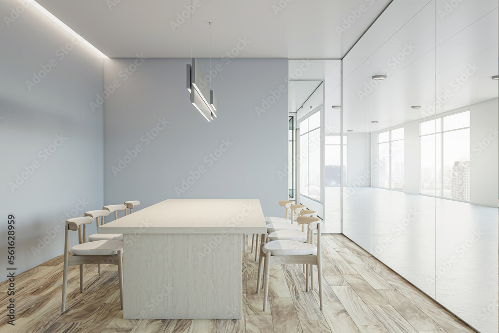 Side view on big empty conference table surrounded by light chairs on wooden floor in meeting room w