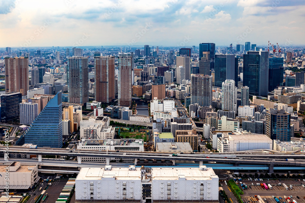 Aerial view of Odaiba Harbor in Minato City, Tokyo, Japan