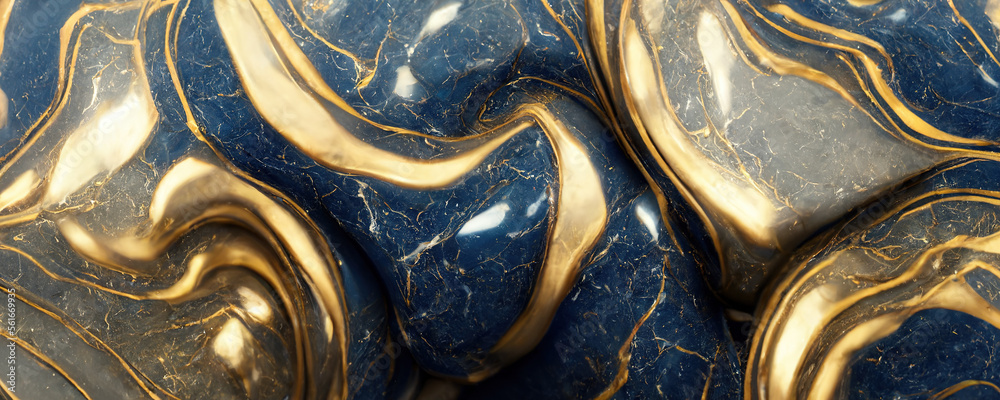 Splendid modern marbling painting abstract design of blue and gold wavy veins pattern texture marble