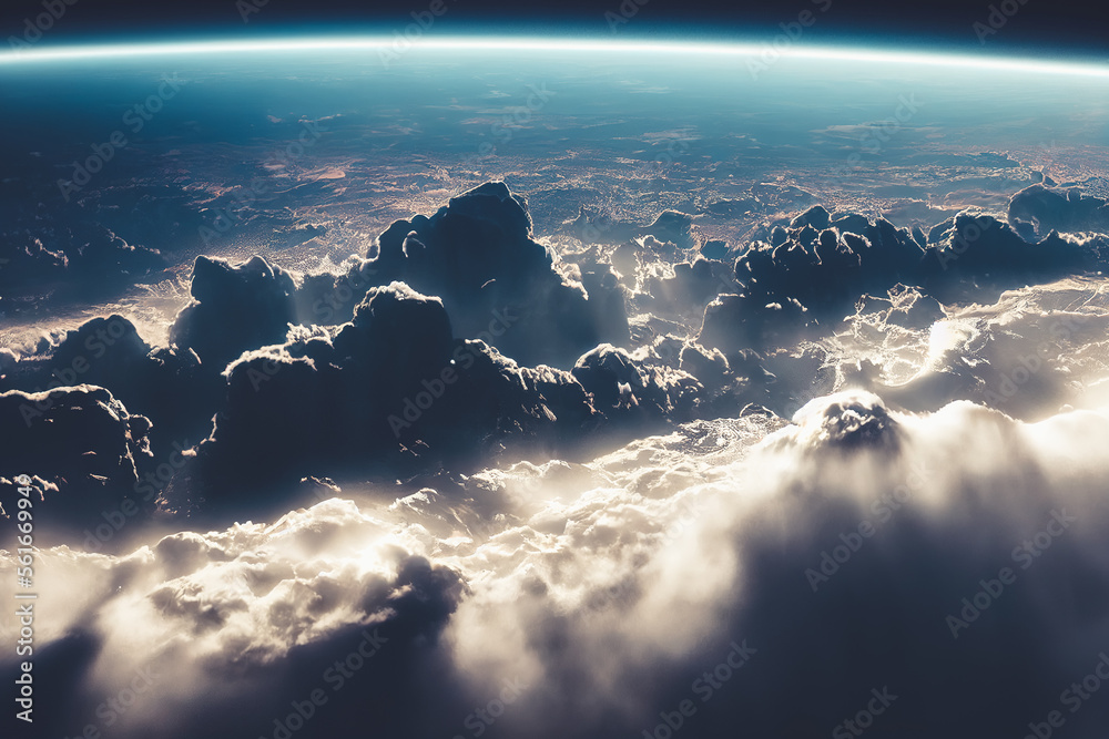 Splendid background cloudscape above the earths atmosphere in the stratosphere, with a galaxy and b