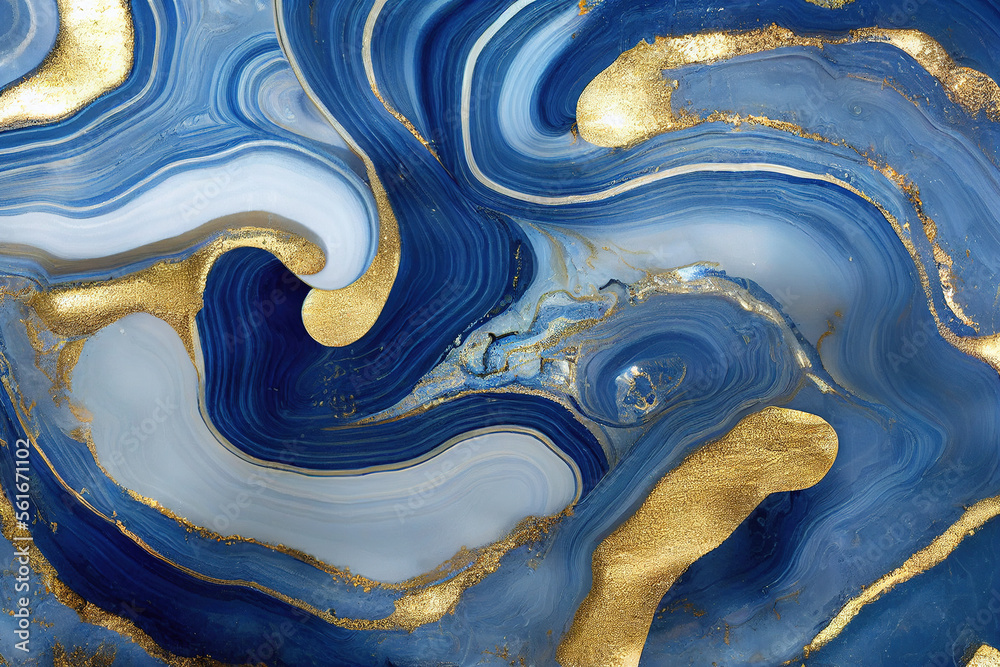 Abstract art background with a fluid marble blue and gold texture. Splendid luxury abstract artwork 