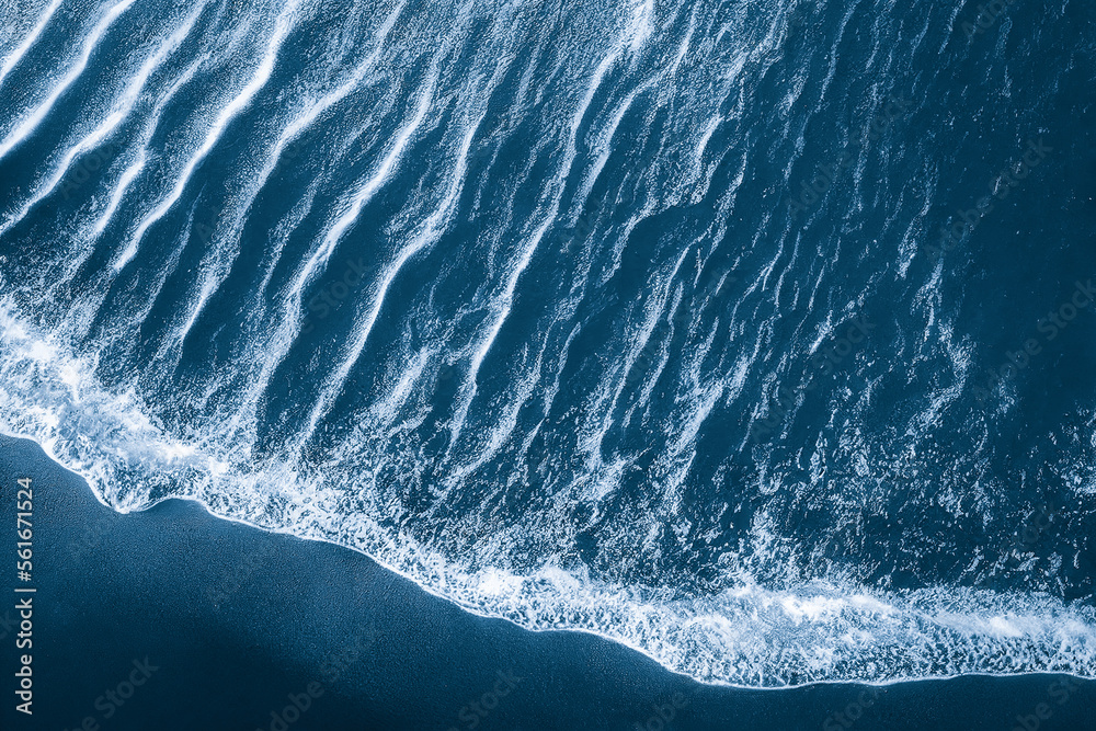 Spectacular top view from drone photo of beautiful beach with relaxing sunlight, sea water waves pou