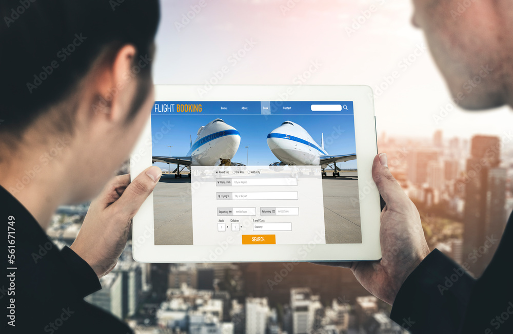 Online flight booking website provide modish reservation system . Travel technology concept .