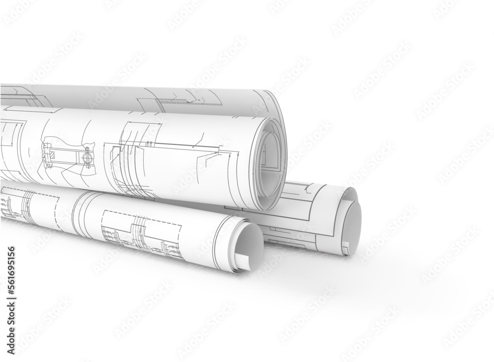 白色背景上有图纸的纸卷。矢量插图