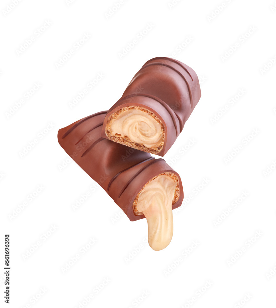 chocolate bar with a drip on a white background