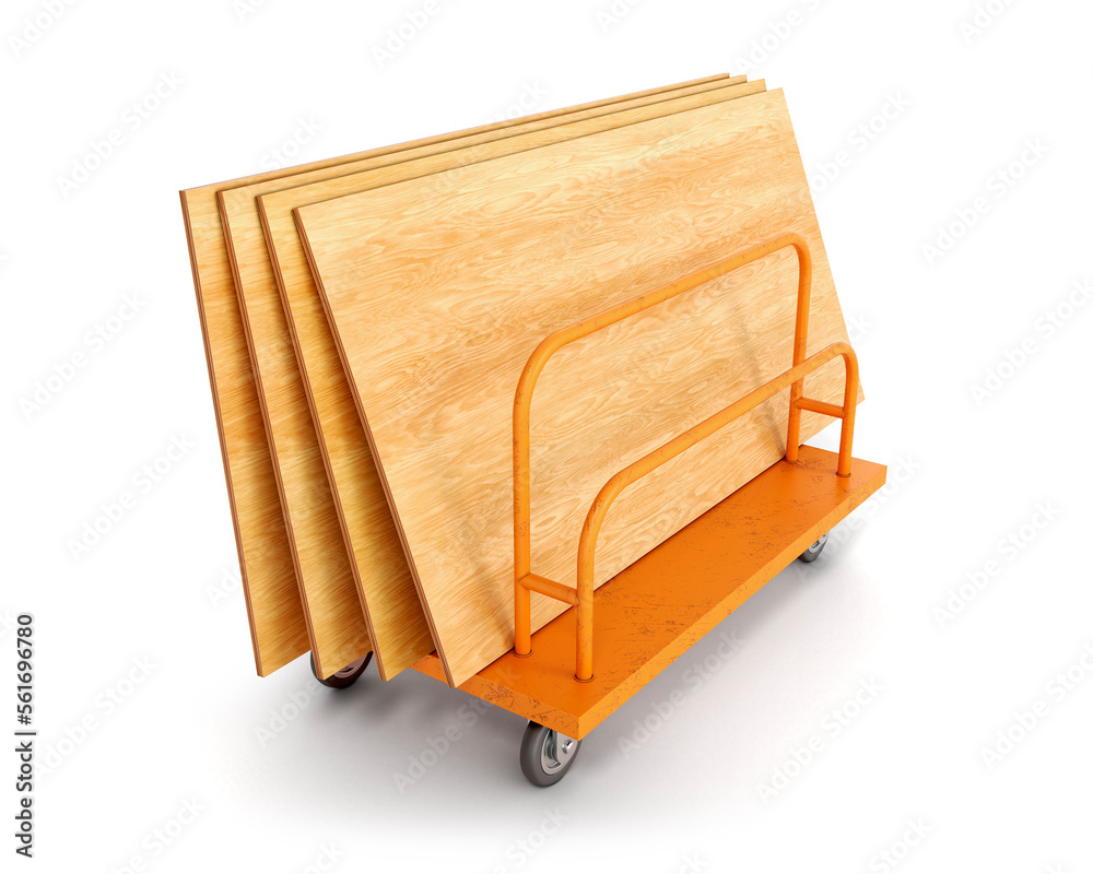 Plywood sheets on an orange trolley for long loads, isolated on white background, 3d illustration