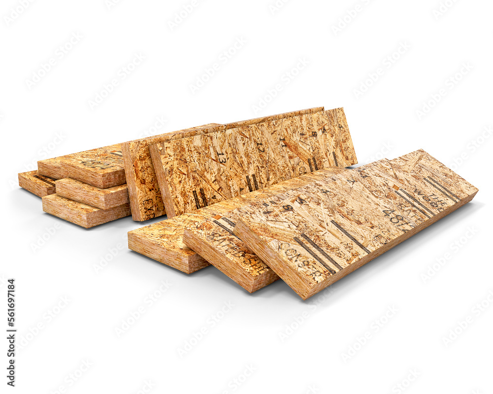 Wooden samples, pieces of OSB plate are composed and isolated on a white background, 3d illustration