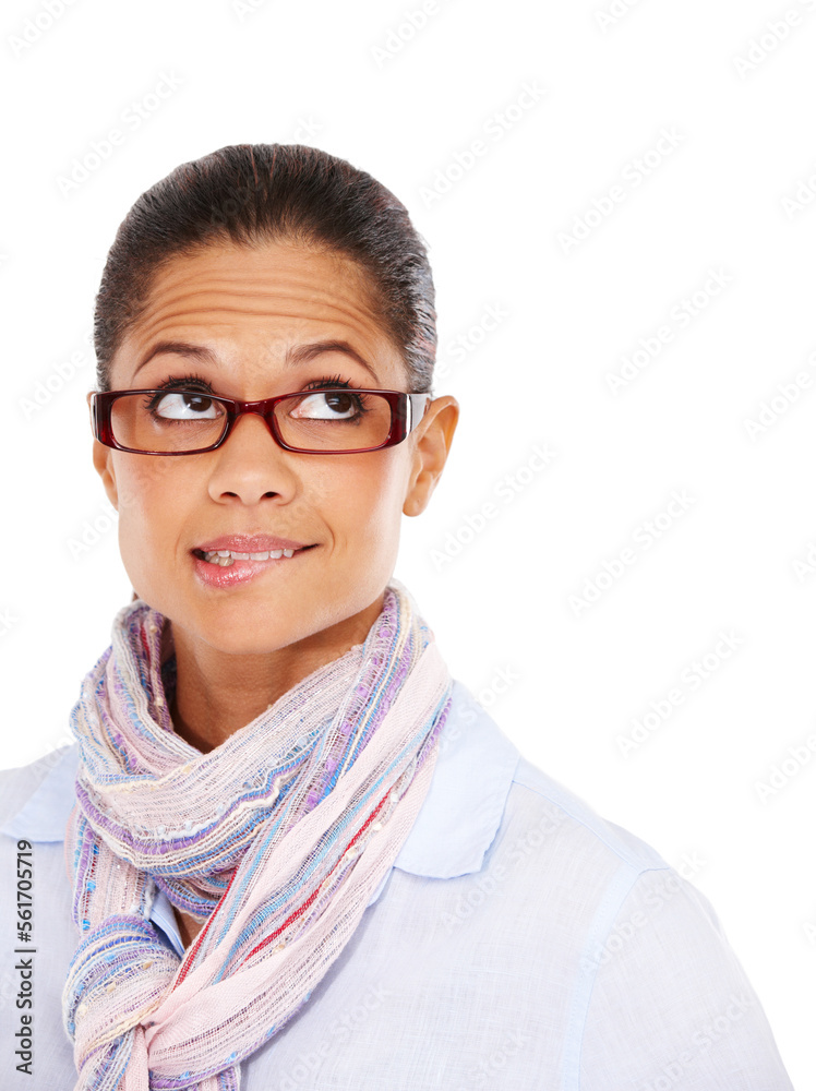 Thinking, glasses and mockup with a black woman in studio isolated on a white background for product