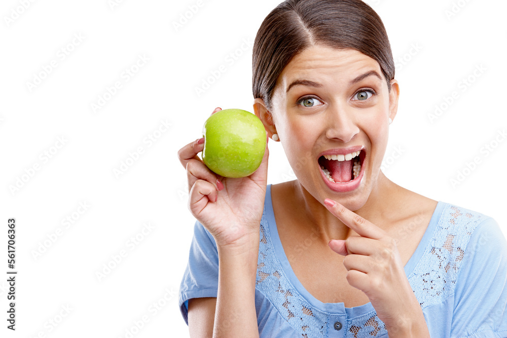 Health, apple and smile with portrait of woman for nutrition, diet and weight loss choice. Fiber, fo