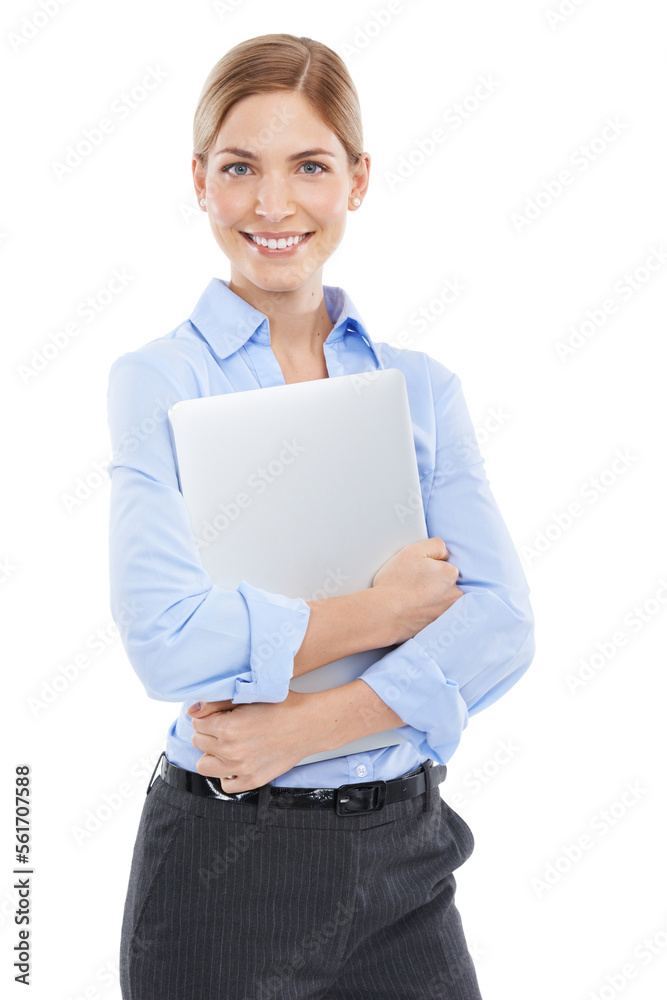 Business woman, portrait and computer of a working employee ready for a tech job. White background, 