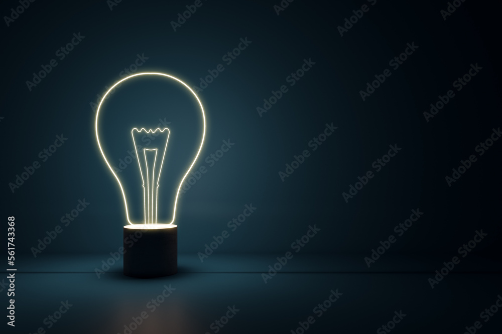 Dark blank background with place for your advertising poster and graphic illuminated light bulb, ide