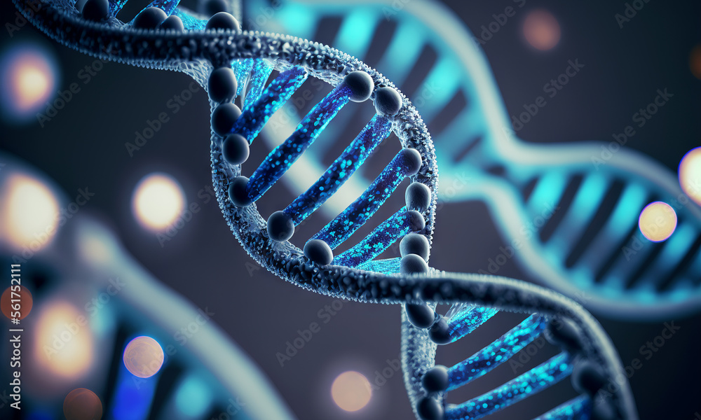 Concept of the evolution of human DNA in the distant future. View under the microscope. Blue helix b