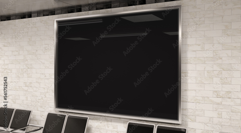 Horizontal A4 billboard on underground wall Mockup. Hoarding advertising on train station wall 3D re