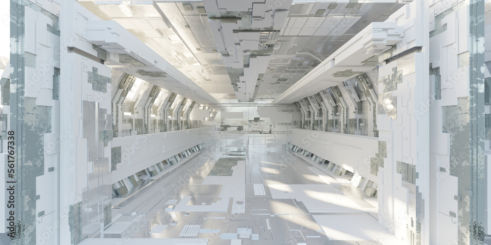 Futuristic sci-fi corridor room. Modern Future background style, interior concept. 3d rendering