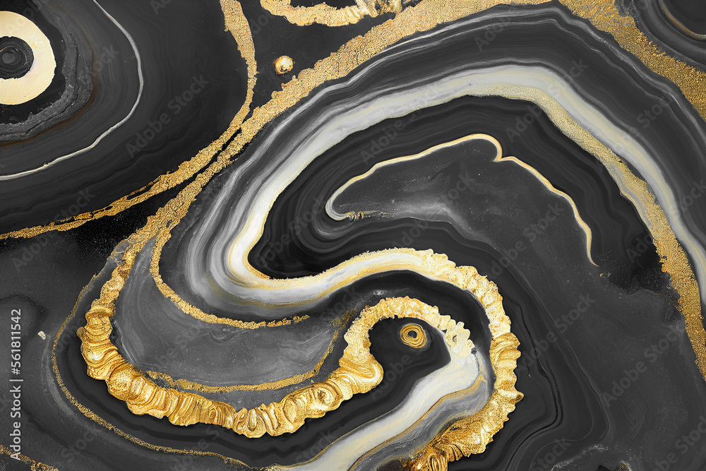 Abstract art background with a fluid marble black and gold texture. Splendid luxury abstract artwork