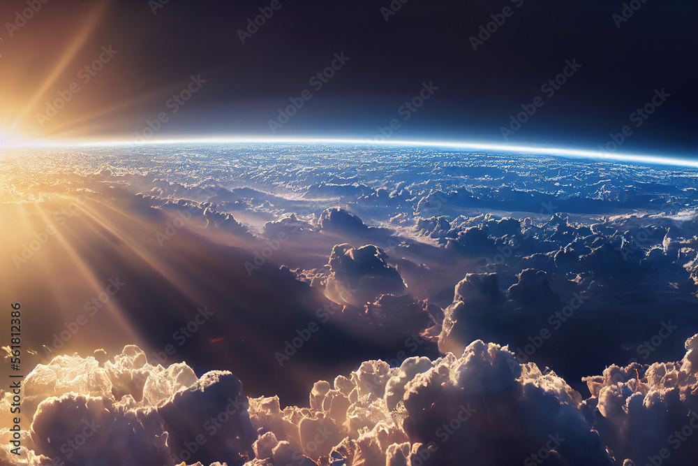 Splendid background cloudscape above the earths atmosphere in the stratosphere, with a galaxy and b