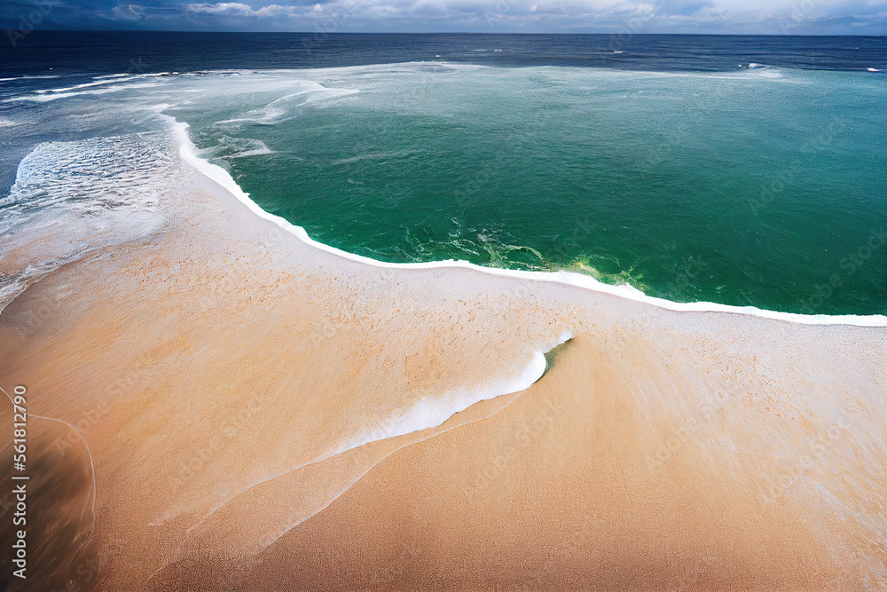 Spectacular top view from drone photo of beautiful beach with relaxing sunlight, sea water waves pou