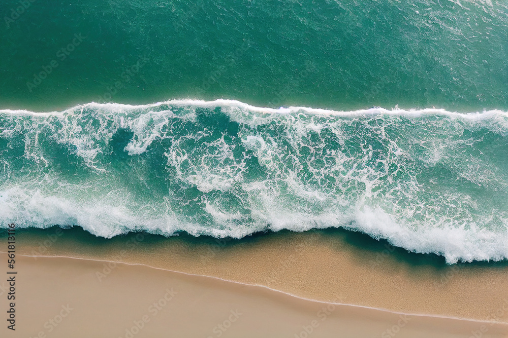 Spectacular top view from drone photo of beautiful beach with relaxing sunlight, sea water waves pou