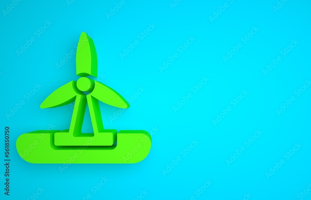 Green Wind turbine icon isolated on blue background. Wind generator sign. Windmill for electric powe