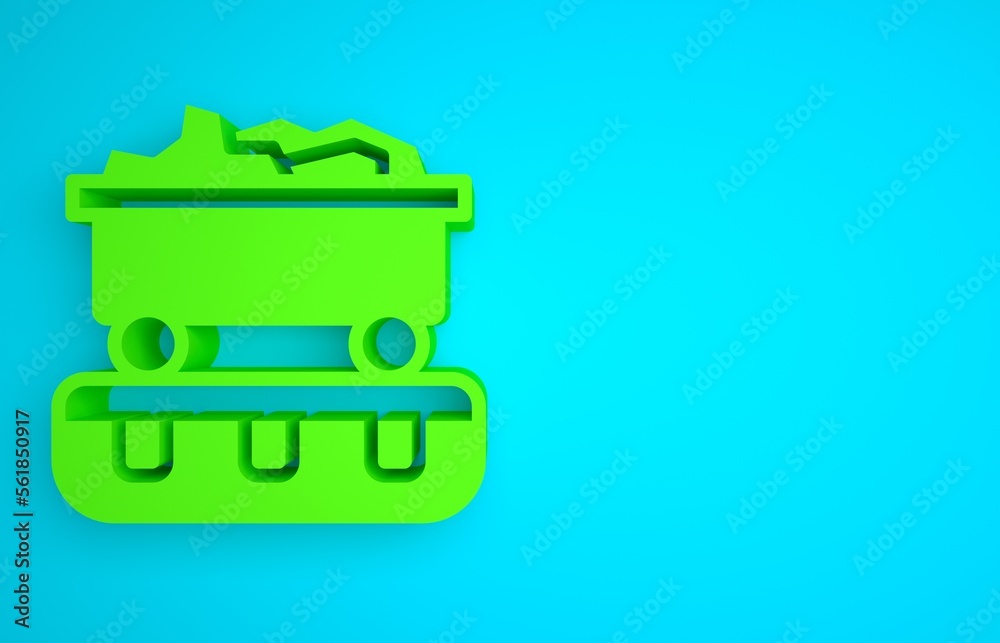 Green Coal train wagon icon isolated on blue background. Rail transportation. Minimalism concept. 3D