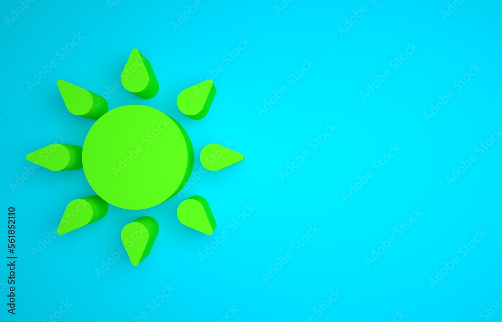 Green Sun icon isolated on blue background. Minimalism concept. 3D render illustration