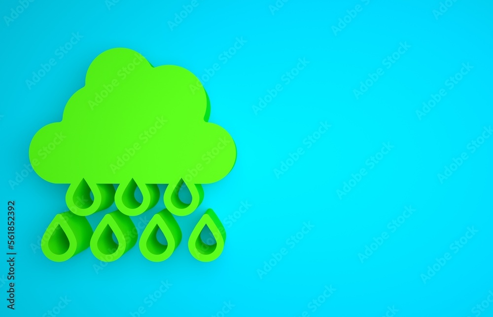 Green Cloud with rain icon isolated on blue background. Rain cloud precipitation with rain drops. Mi