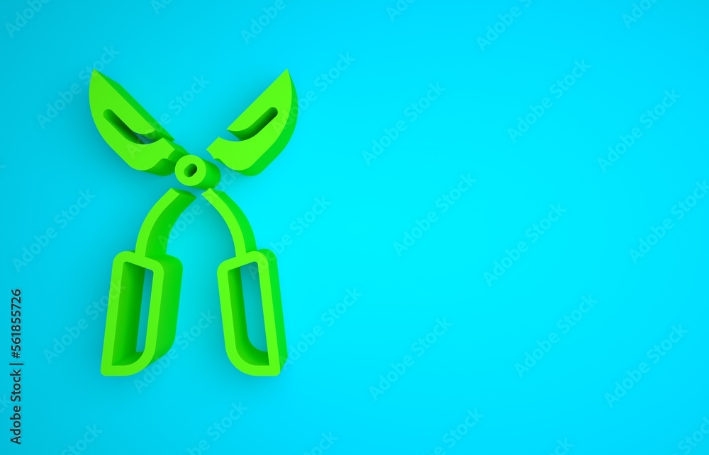 Green Gardening handmade scissors for trimming icon isolated on blue background. Pruning shears with