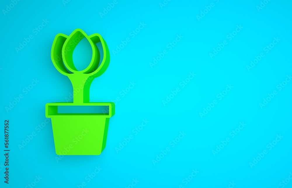 Green Flower tulip in pot icon isolated on blue background. Plant growing in a pot. Potted plant sig