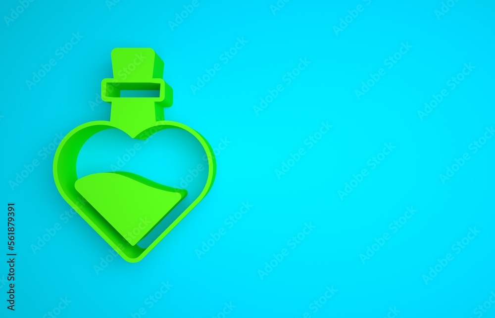 Green Bottle with love potion icon isolated on blue background. Valentines day symbol. Minimalism co