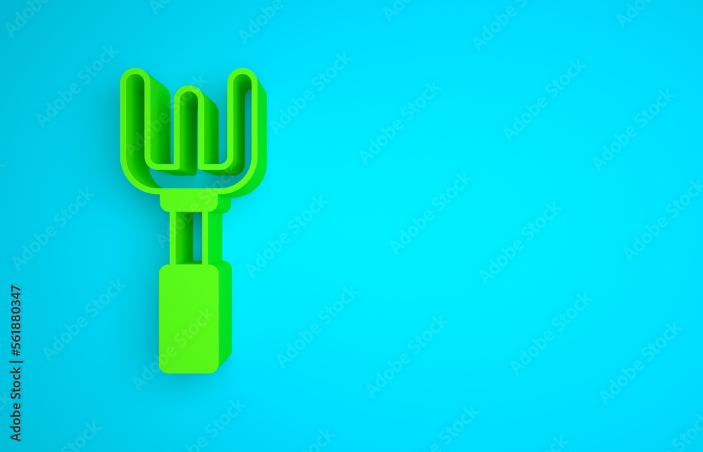 Green Garden rake icon isolated on blue background. Tool for horticulture, agriculture, farming. Gro