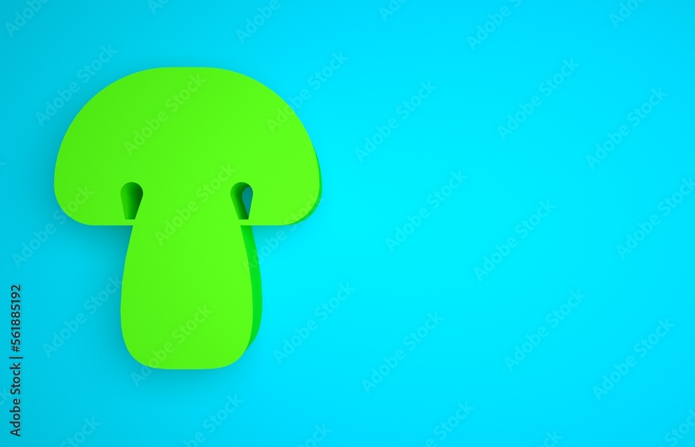 Green Mushroom icon isolated on blue background. Minimalism concept. 3D render illustration