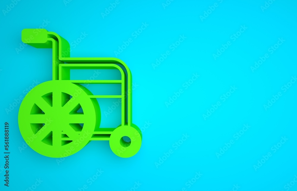 Green Wheelchair for disabled person icon isolated on blue background. Minimalism concept. 3D render