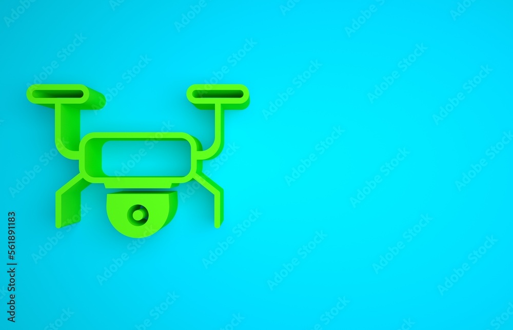 Green Drone flying icon isolated on blue background. Quadrocopter with video and photo camera symbol