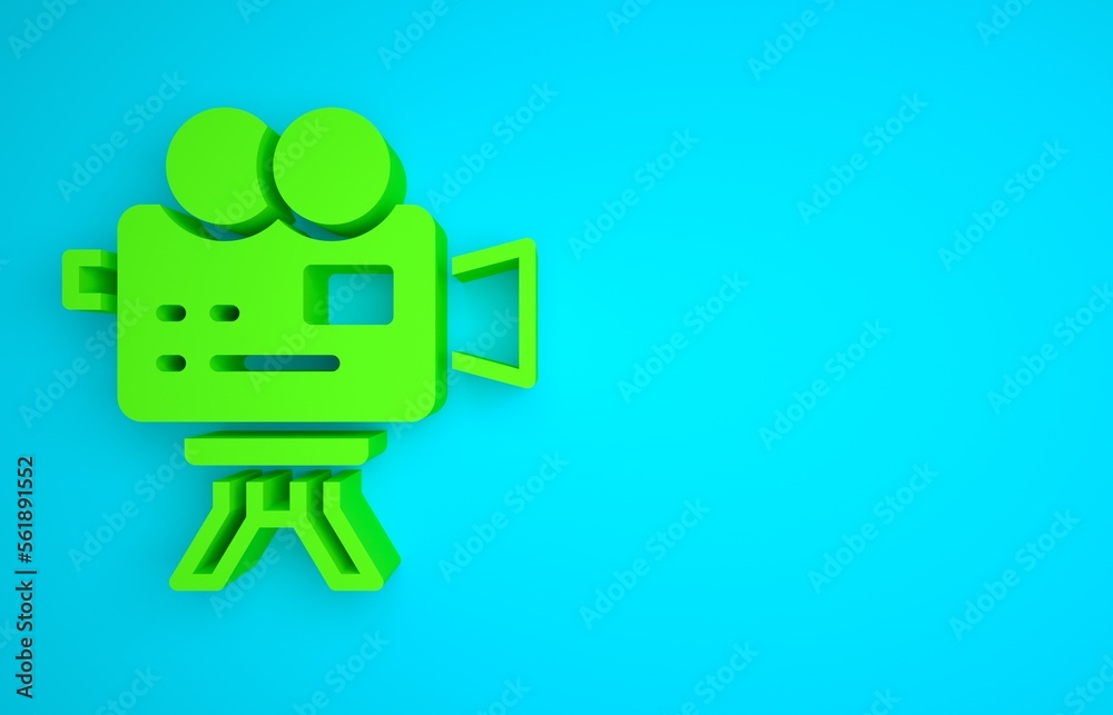 Green Retro cinema camera icon isolated on blue background. Video camera. Movie sign. Film projector