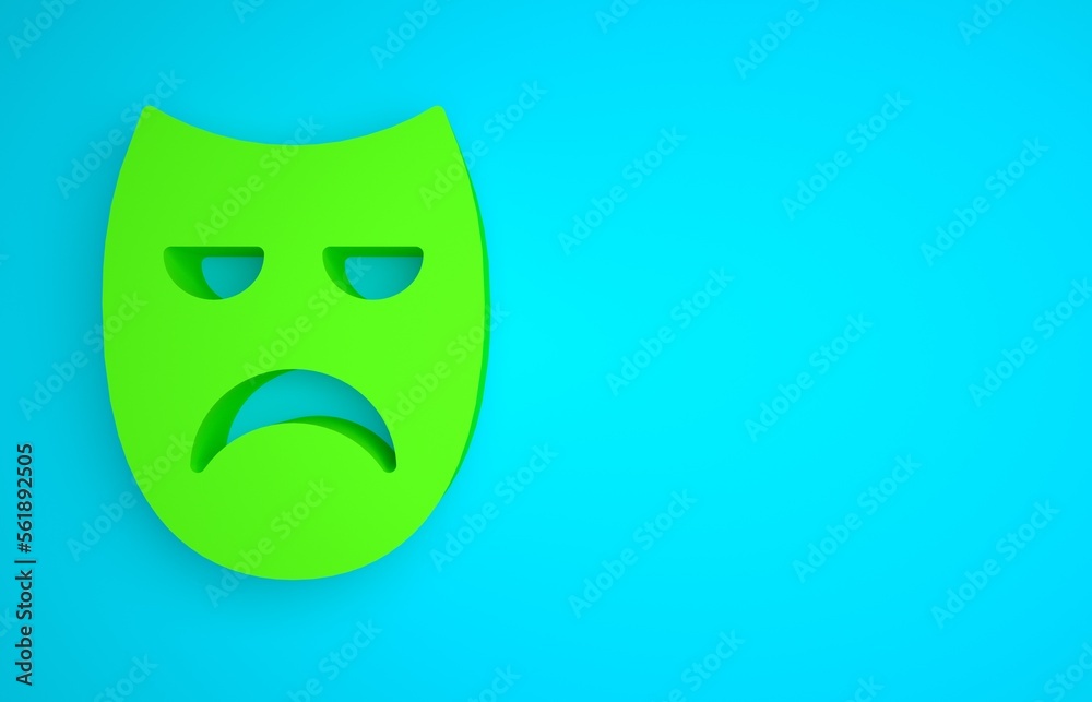 Green Drama theatrical mask icon isolated on blue background. Minimalism concept. 3D render illustra