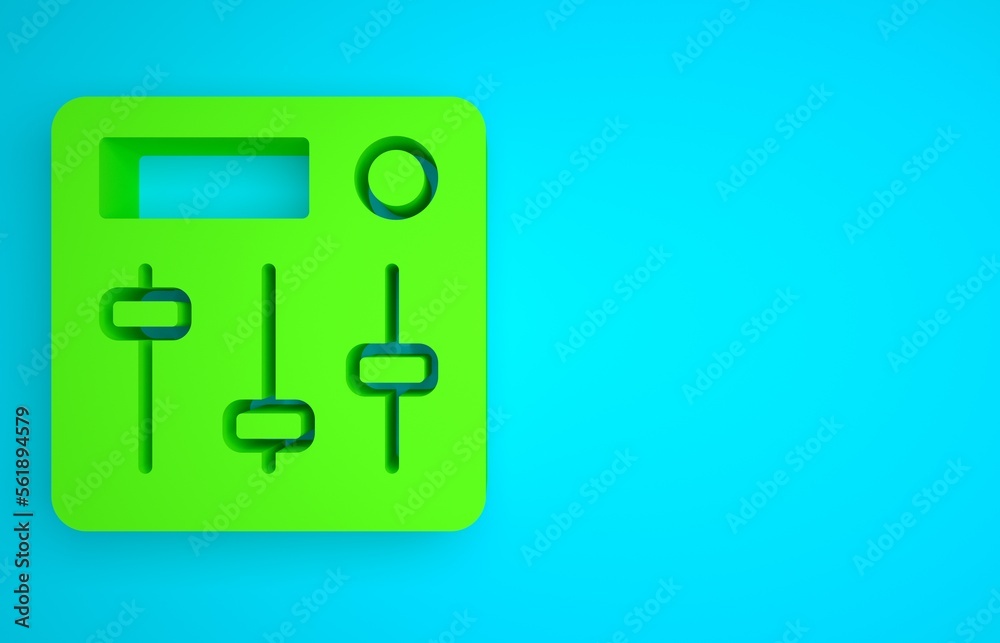 Green Sound mixer controller icon isolated on blue background. Dj equipment slider buttons. Mixing c