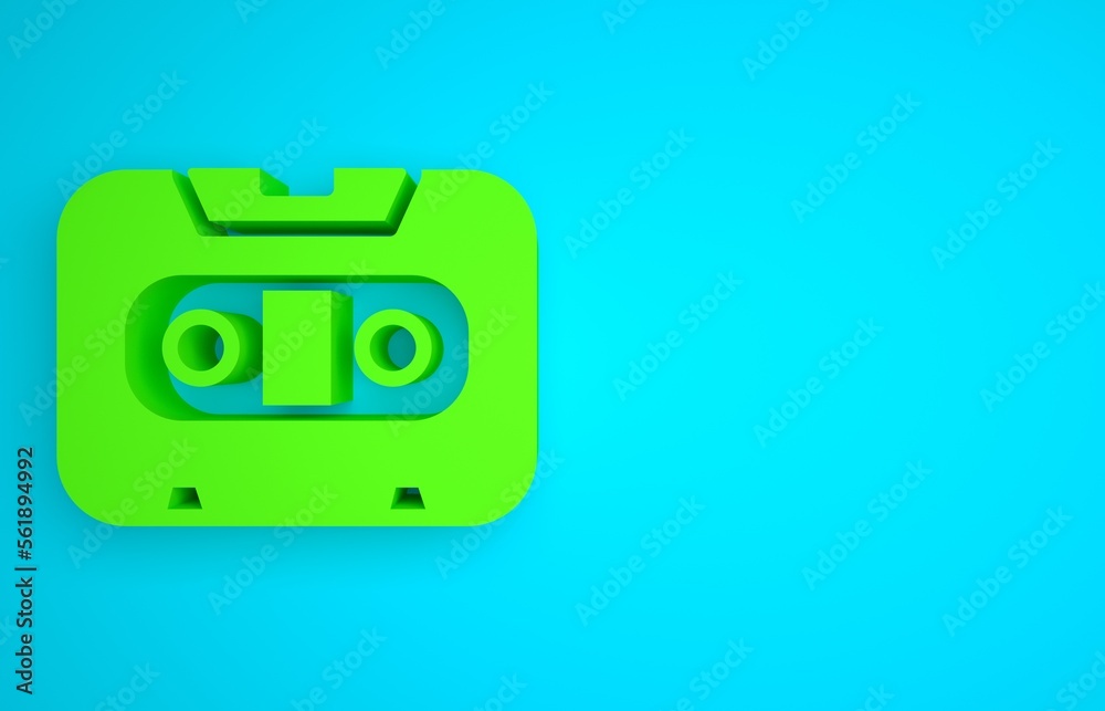 Green Retro audio cassette tape icon isolated on blue background. Minimalism concept. 3D render illu