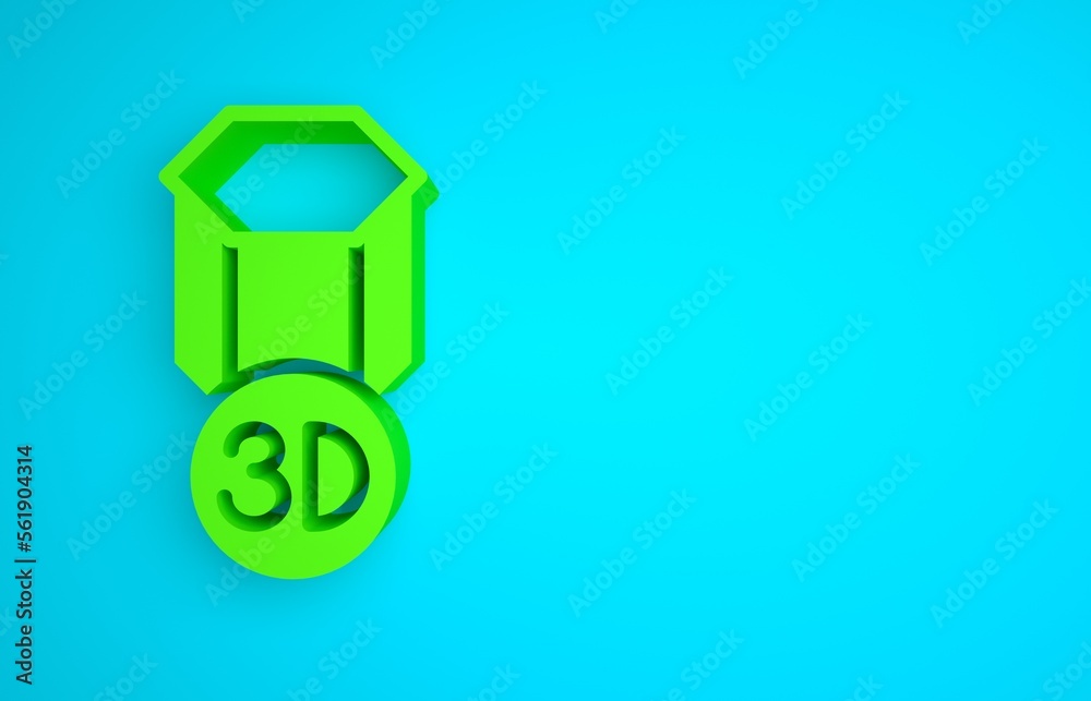 蓝色背景上隔离的绿色3D打印机图标。3D打印。极简主义概念。3D渲染插图