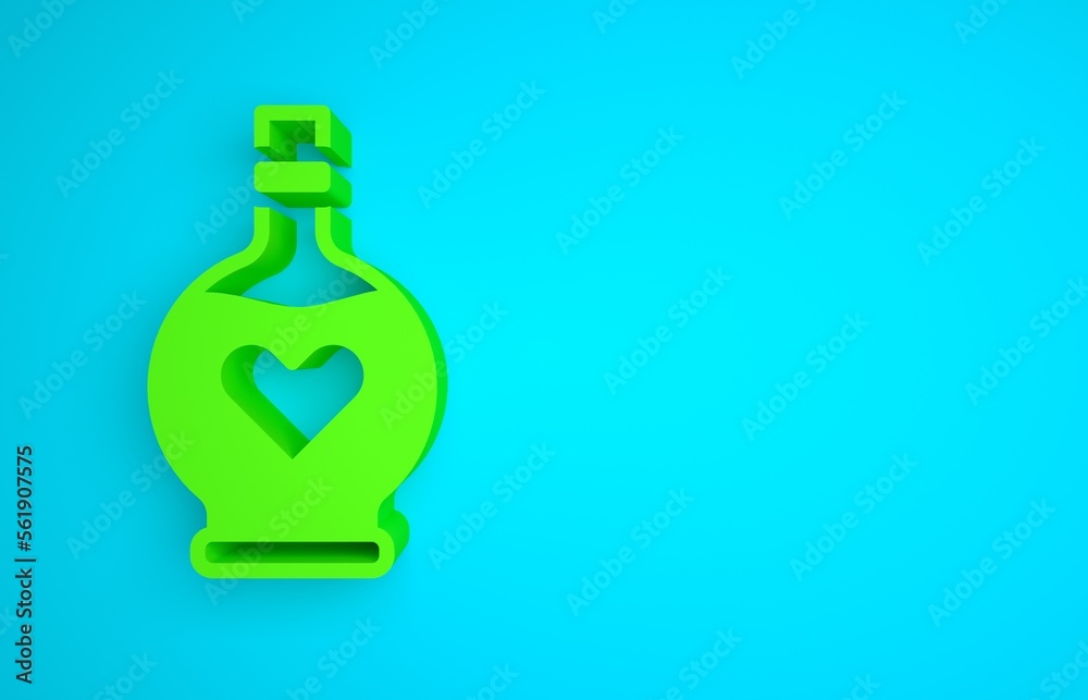 Green Bottle with love potion icon isolated on blue background. Valentines day symbol. Minimalism co