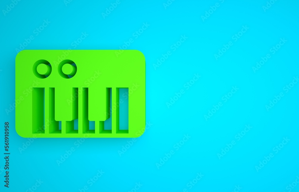 Green Music synthesizer icon isolated on blue background. Electronic piano. Minimalism concept. 3D r