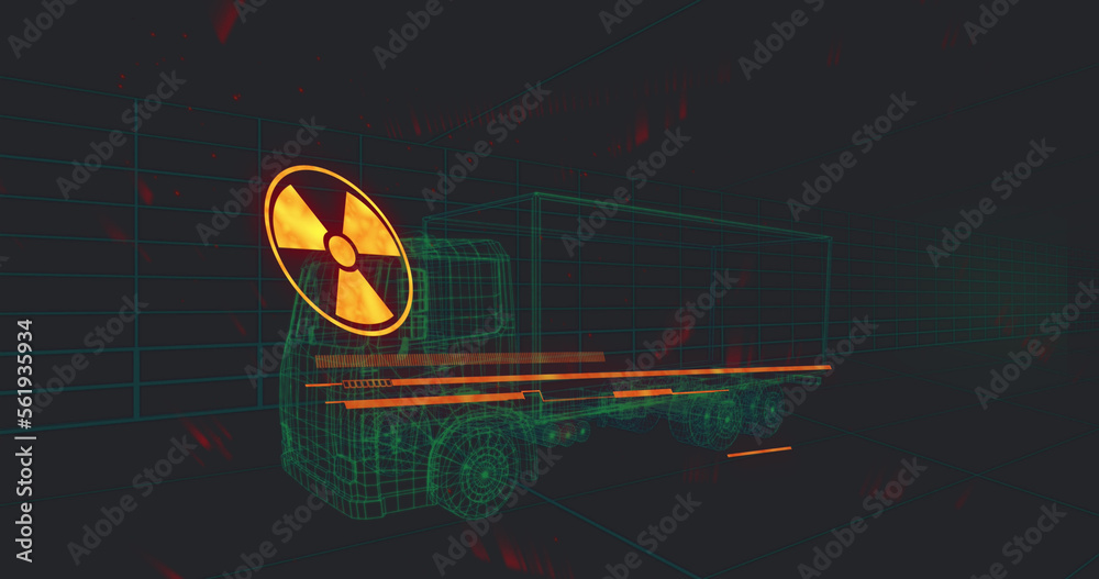 Composition of radiation warning symbol over digital truck on black background