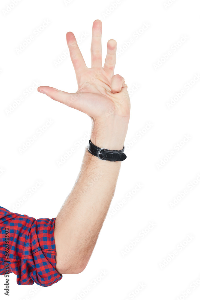 Man, hands and number four sign closeup in studio for countdown, gesture or signal on white backgrou