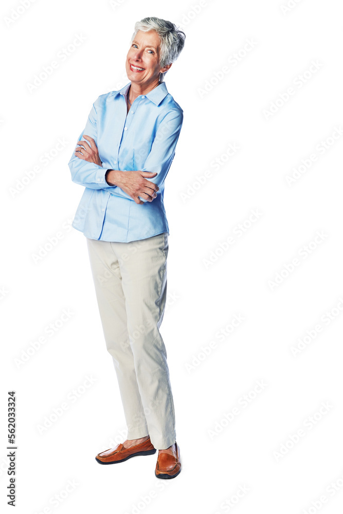 Portrait, relax and senior woman in studio, smile and cheerful while posing on a white background. E