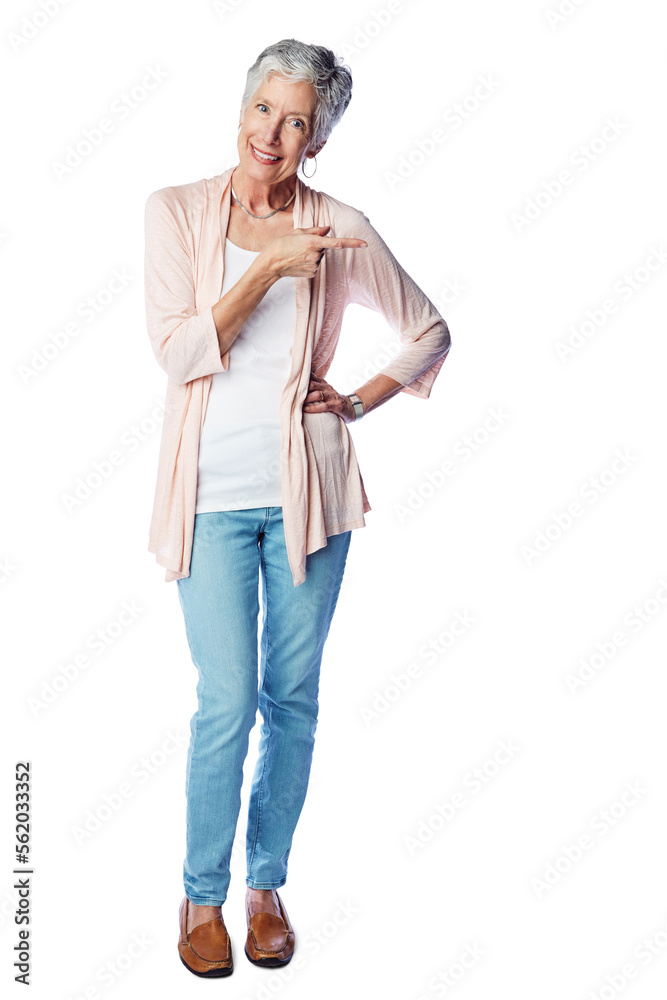 Senior woman, happy portrait and pointing finger, standing isolated in white background for advertis