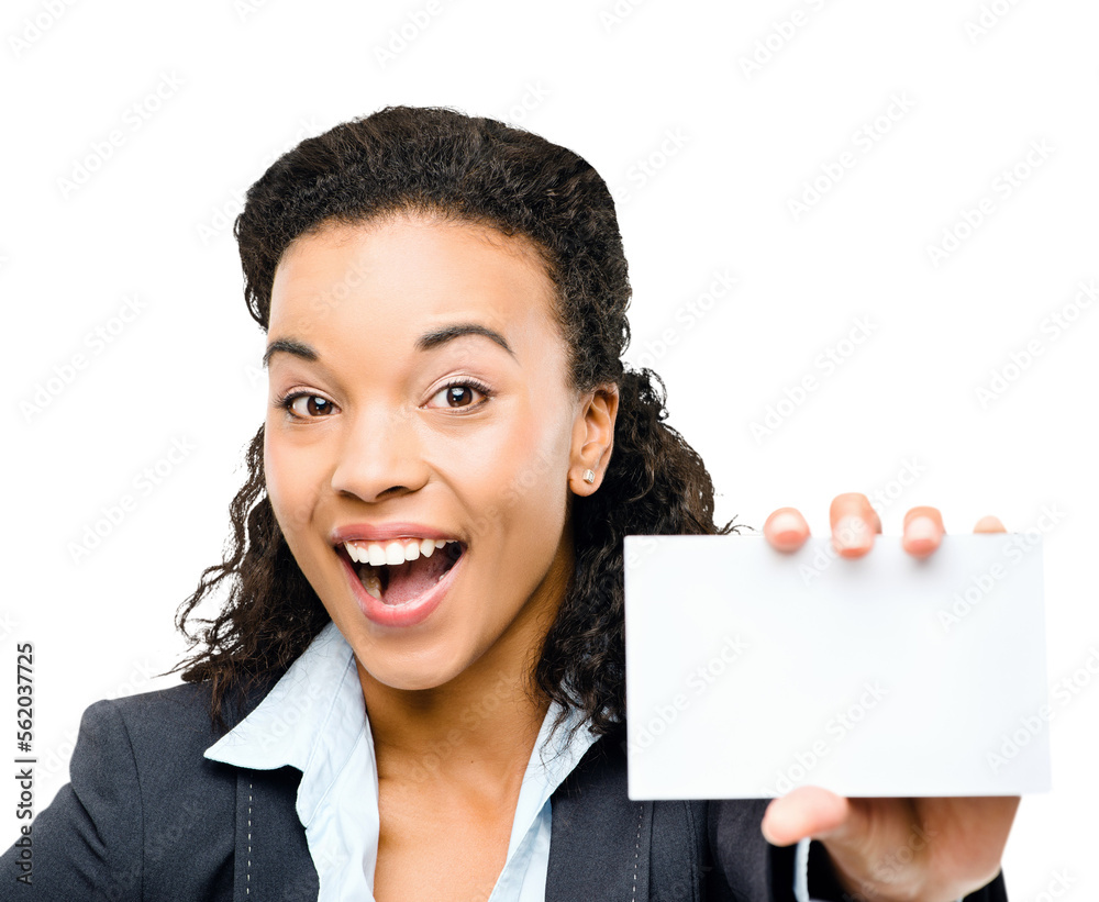 PNG of a young business woman holding a business card isolated on a PNG background.