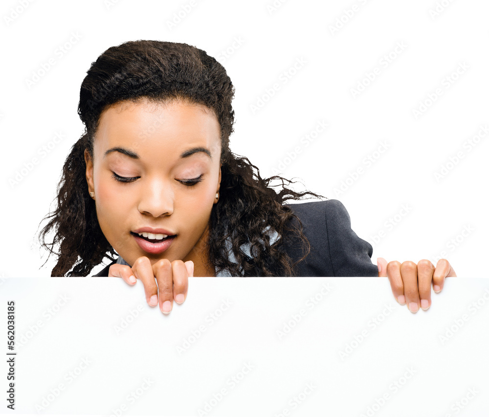 PNG of a businesswoman hiding behind a placard isolated on a PNG background.